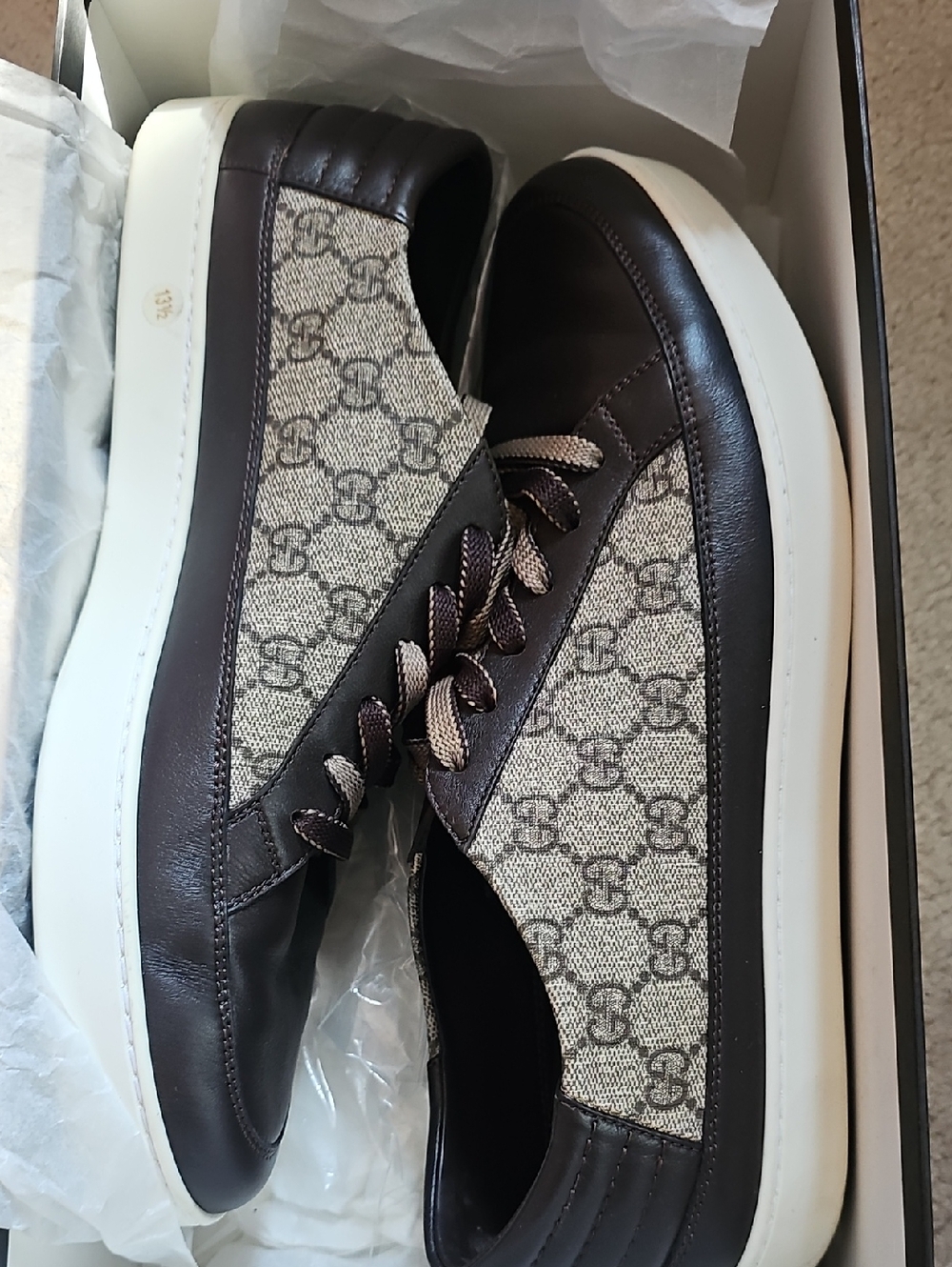 Gucci Brown & Beige Monogram Low-Top Sneakers - Picture 1 of 15